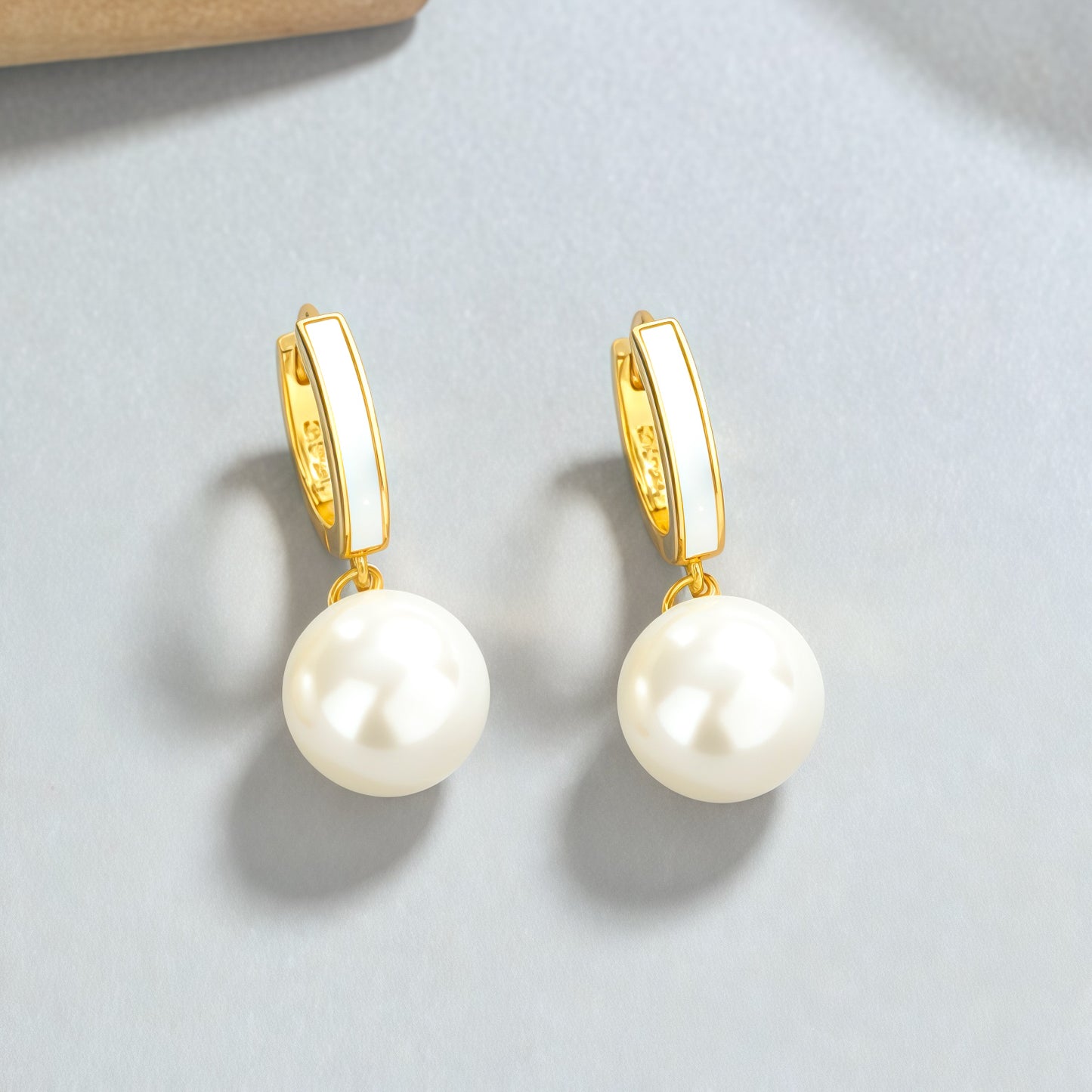 Elegant Gold Plated Hoop Earrings with White Enamel & Freshwater Pearl