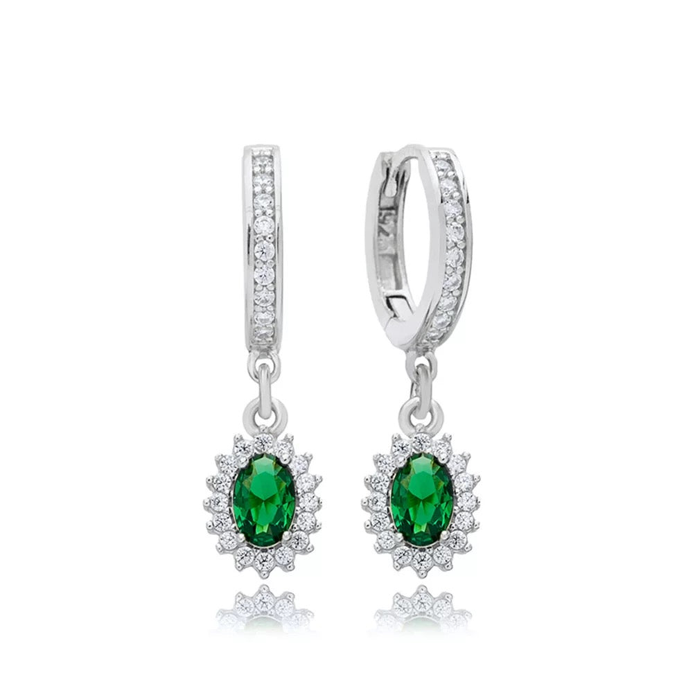 Emerald &amp; Diamond Halo Drop Earrings